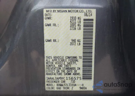 2015 Nissan Altima 2.5 Sl из США, поврежденный, VIN 1N4AL3AP9FC156575